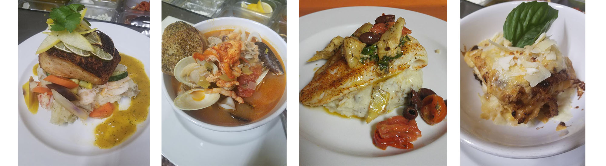 Four Entrees on White Plates